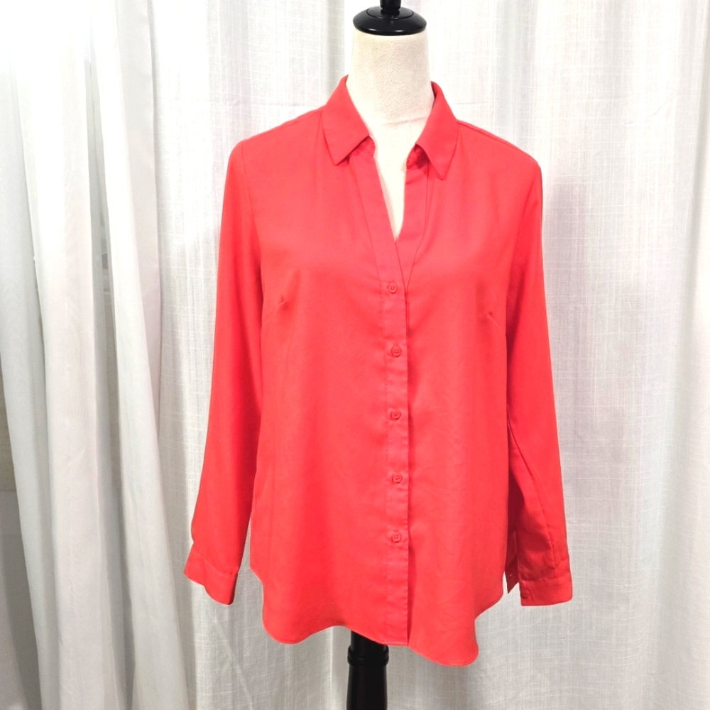 2/$30 Ann‎ Taylor Red Button Down Womens Top Size LP Long Sleeve Office Siren